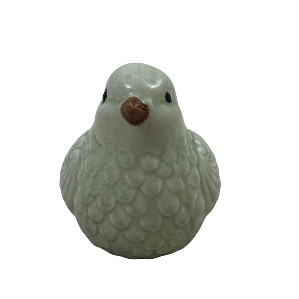 Celadon Green Crackle Glaze Ceramic Bird Figurine Textured Feather Detail 5" H